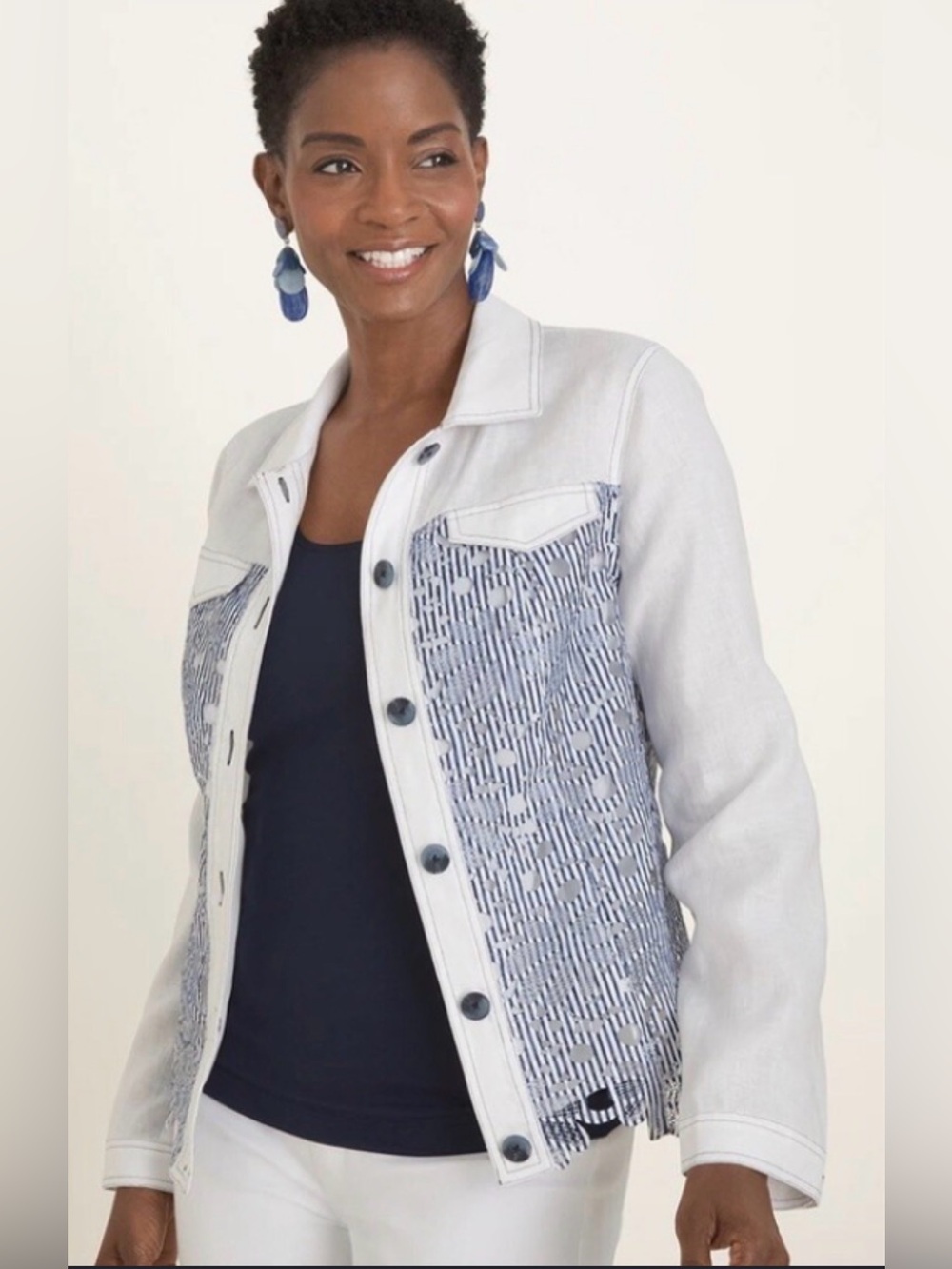 Chicos 100% Linen White and Blue Crochet Lace Detail Lightweight Jacket